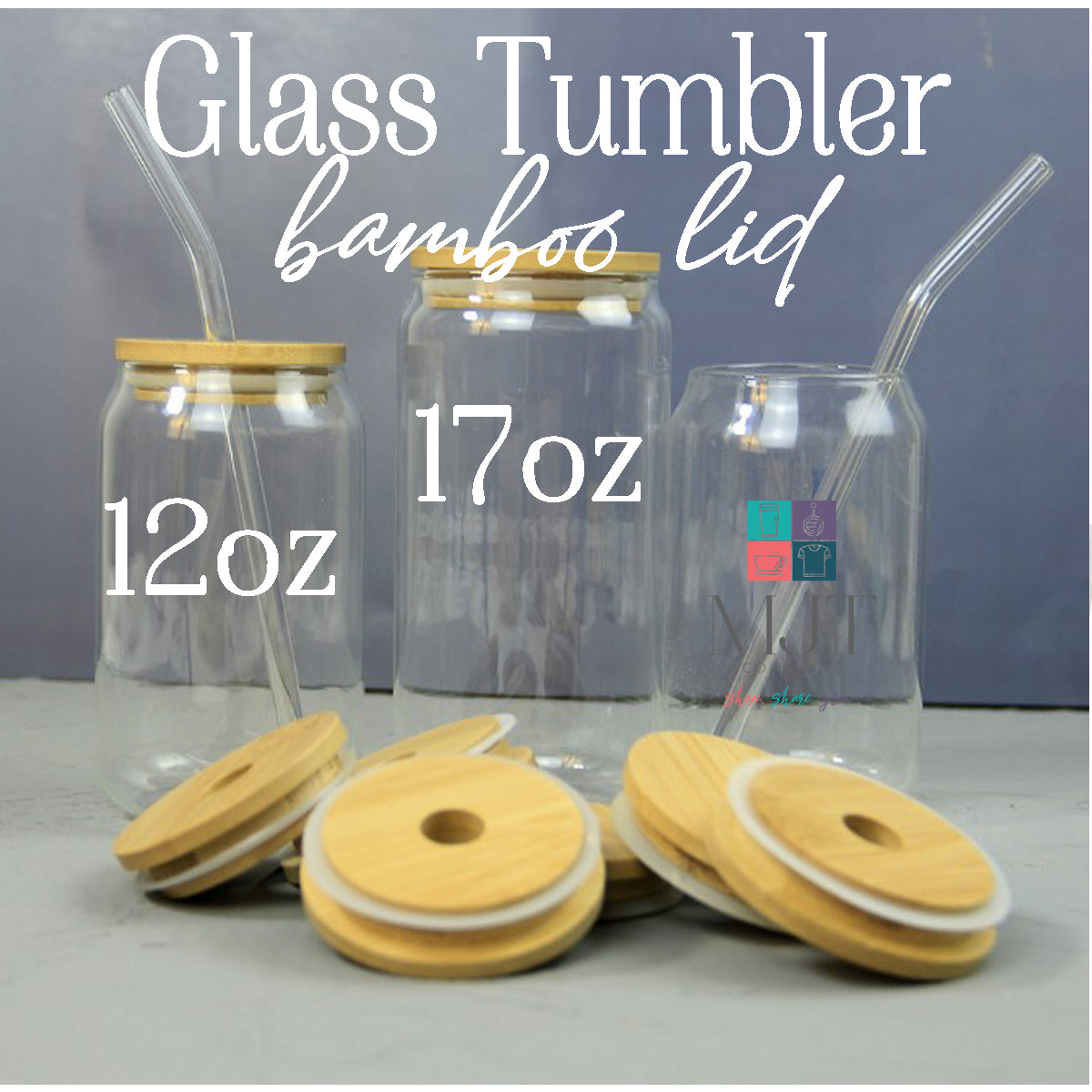 12 oz Clear Glass Sublimation Tumbler w/ Bamboo Lid & Plastic Straw